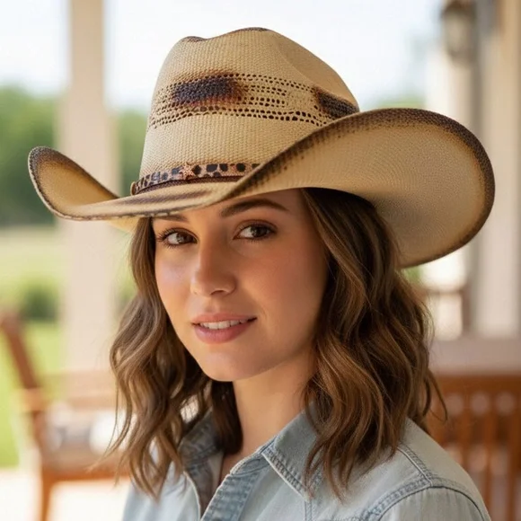Leopard Print Leather Band Distressed 2-Tone Western Straw Cowboy Hat
